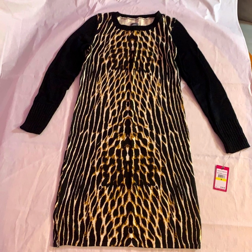 Vince Camuto Sweater dress animal print new size medium black brown beige y2k